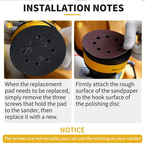 Instructions for installing 2 Pack 5 Inch 8 Hole Hook and Loop Orbital Sander Pad Replacement For DeWalt Random Orbital Sanders.