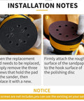 Installation notes showing steps to replace 4 Pack 5 Inch Hook And Loop Orbital Sander Pad With 8 Dust Holes And 3 Screw Holes Center 1 Inch
