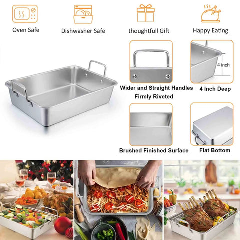 Stainless Steel Roasting Pan Set 16 Inch With V Rack And Cooling Rack For Roasting Turkey Lasagna And More Heavy Duty Oven Bakeware