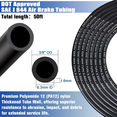 Three Eighths Inch DOT Air Line Hose Fifty Feet Black SAE J844 PA12 Nylon Air Brake Tubing Coiled with Specifications