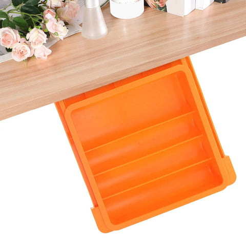 Orange Desk Storage Drawer Box with Three Tier Compartments for Under Desk Organization in use beneath wooden desk