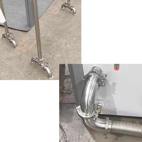 Two 1.5-inch OD 304 stainless steel sanitary ferrule elbow fittings with tri-clamp ends and silicone gaskets.