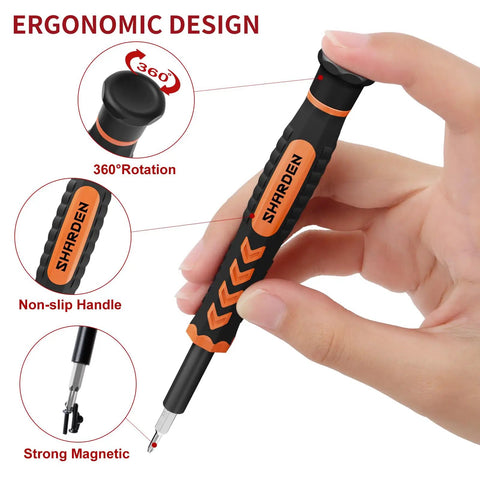 58 In 1 Magnetic Precision Screwdriver Set With Case for iPhone MacBook, ergonomic anti-slip handle shown in hand.