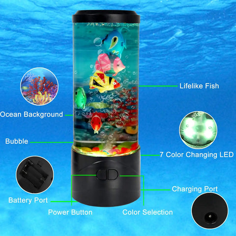Jellyfish USB Night Light Mood Lamp With 7 Color Changing Modes Realistic Aquarium Scene shown with lifelike fish and controls.