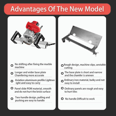 Heavy Duty Electric Tile Bevel Cutter With 43 Degree Chamfer Angle Rock Solid Aluminum Base, showcasing design advantages and features.