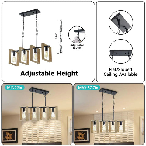 Dope Farmhouse Kitchen Light Fixtures 4 Light Adjustable Pendant Chandelier With Wood Frame And Black Metal Finish details