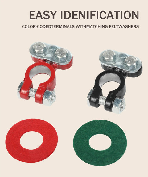 2 Pack Battery Terminal Clamps With Plated Top Terminals And Post Washers, red and black clamps with felt washers