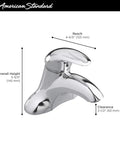 Reliant 1-Handle 4-Inch Centerset Bathroom Faucet In Brushed Nickel with dimensions, ergonomic spout and handle design