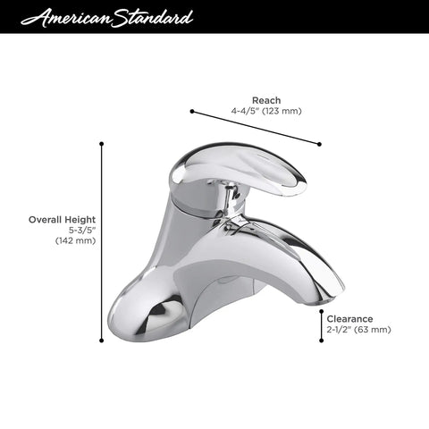 Reliant 1-Handle 4-Inch Centerset Bathroom Faucet In Brushed Nickel with dimensions, ergonomic spout and handle design