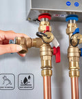Midline GUHW-QSW256 brass pressure relief valve for tankless water heater; 3/4 in FIP x MIP with red/blue shut-offs on copper lines