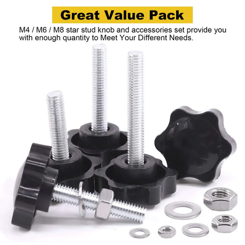 Top Shelf M4 M6 M8 Star Knob Assortment With 304 Stainless Steel Hex Nuts And Washers Easy Grip Hand Tightening Screws set displayed.