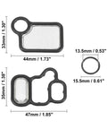 VTEC Solenoid Gasket Spool Valve Filter Screen O Ring Set For Honda CRV Accord Civic Element Fit And Acura RDX RSX TSX Black Pack Of 3 Ready To Install Replacement Parts with dimensions shown.