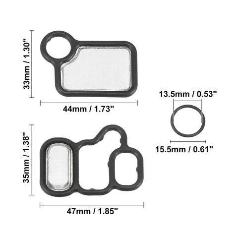 VTEC Solenoid Gasket Spool Valve Filter Screen O Ring Set For Honda CRV Accord Civic Element Fit And Acura RDX RSX TSX Black Pack Of 3 Ready To Install Replacement Parts with dimensions shown.
