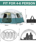 Spacious Family Tent For 4 To 6 People With Easy Setup, Waterproof Double Layer Design With Rainfly shown with dimensions and carry bag