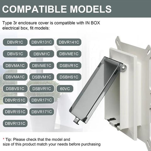 Wicked Tough 1 Gang Outdoor Outlet Cover Type 3R Weather Resistant Replacement for Wet Locations showcases compatible models listing.