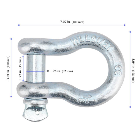 2 Pack 1 Inch D Ring Shackles Heavy Duty Tow And Lift Bow Shackles Carbon Steel Screw Pin Anchor Shackle 19 Ton Break Strength Silver For Tow Lifting Recovery Off Road Vehicle Use Galvanized Finish with dimensions shown