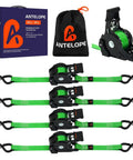 Super Sweet Retractable Ratchet Straps 1 Inch By 12 Feet 4pk High Octane Cargo Tie Downs With 500 Lb Working Limit in green with hooks.