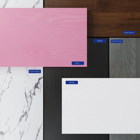 Samples of various desk finishes including pink, deep brown, black, espresso gray, white, and white marble textures.