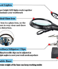 Diagram of 2.5X 7.5X 10X LED Light Helping Hands Magnifier Soldering Station with 5 LEDs, glass lens, clips, and stable base.