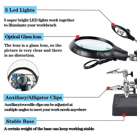 Diagram of 2.5X 7.5X 10X LED Light Helping Hands Magnifier Soldering Station with 5 LEDs, glass lens, clips, and stable base.
