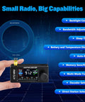 Person holding All Band Pocket Radio Receiver AM FM LSB USB CW RTTY with display showing FM 91.2 and control buttons visible.