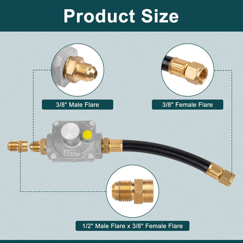 GASPRO natural gas pressure regulator with brass flare fittings and hose; front view shows 1/2 in. male flare x 3/8 in. female flare adapter.