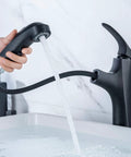 Matte Black Vessel Sink Faucet With Pull Out Hose Tall High Arc Single Hole Design 3-Mode Pull-Down Sprayer in use