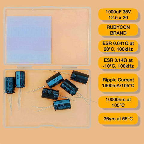 1000uF 35V Radial Lead Aluminum Electrolytic Capacitor 12.5x20mm Low ESR 0.041 Ohm Long Life 36 Years At 55C High Ripple Current 1900mA 105C Pack Of 7