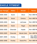 Vehicle fitment chart for Rear Wheel Hub Bearing Assembly Direct Fit For Buick Allure Lacrosse Century Regal Impala Monte Carlo Aztek