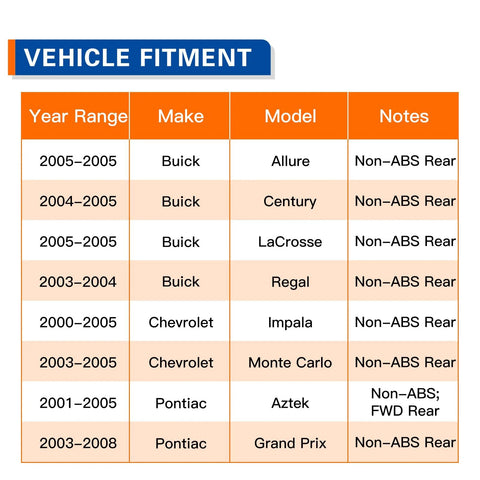 Vehicle fitment chart for Rear Wheel Hub Bearing Assembly Direct Fit For Buick Allure Lacrosse Century Regal Impala Monte Carlo Aztek