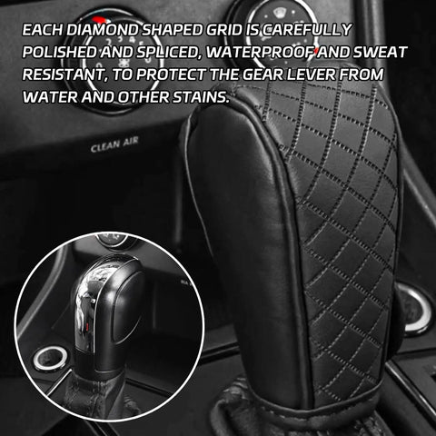 Leather Gear Shift Knob Cover With Upgraded Anti Slip Grip for Cars Trucks and SUVs, shown installed on a gear lever, black leather.