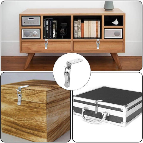 4 Pack 90 Degree Stainless Steel Toggle Latches With Spring Loaded Hasp Locks For Wooden Tool Boxes Cabinets Chests Includes 16 Screws Easy Install Clip Buckle System For Secure Closure displayed on furniture and cases