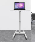 Heavy Duty Rolling Upright Desk With Adjustable Height Gas Lift And Secure Tilting Top Tray For Your Smooth Operator Home Office Or Classroom Workspace, with laptop on top, white frame