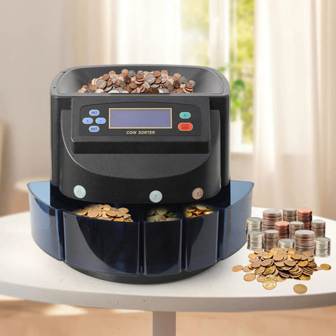 Coin Sorter And Wrapper Machine With LCD Display For US Coins Electronic Coin Counter And Sorter 150 Coins Per Minute Bank Change Sorter Includes Five Coin Bins And Five Tubes Easy Setup And Quiet Operation on table