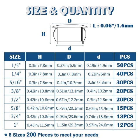 Size and quantity chart for Black Plastic Hole Plugs Set, 200 pieces in eight sizes from 1/5 inch to 1 inch, round holes filler.