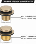 Top Shelf Champagne Bronze Bathtub Drain Stopper With Tip Toe Overflow Faceplate And Warm Brushed Gold Finish, fine and coarse thread exteriors