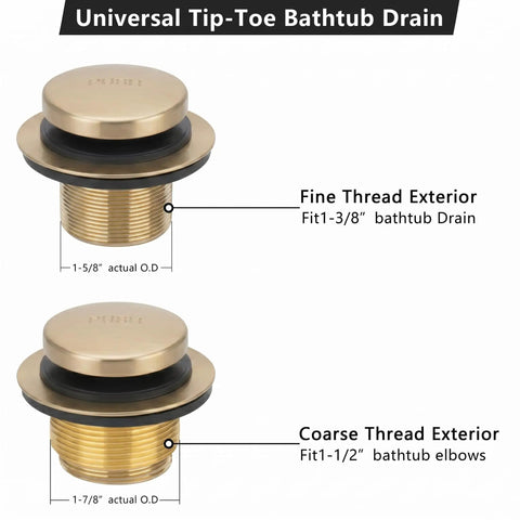 Top Shelf Champagne Bronze Bathtub Drain Stopper With Tip Toe Overflow Faceplate And Warm Brushed Gold Finish, fine and coarse thread exteriors