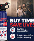 Four Pack Portable Dry Chemical Fire Extinguishers 1.32lb Each for Home showing safety instructions and family escaping fire