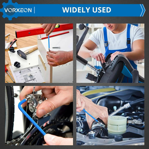 Blue 9 Piece Hex Key Set With Allen Wrenches One Point Five To Ten Mm Metric Long Ball End Flat End L Key CrV And S2 Steel in use for furniture, bike and auto repairs.