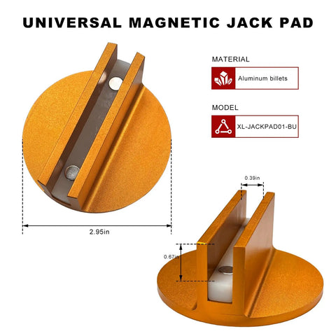 Universal Magnetic Jack Pad 0.4 Inch Slotted Built Tough Aluminum Grooved Jack Puck Adapter, features dimensions and material info.