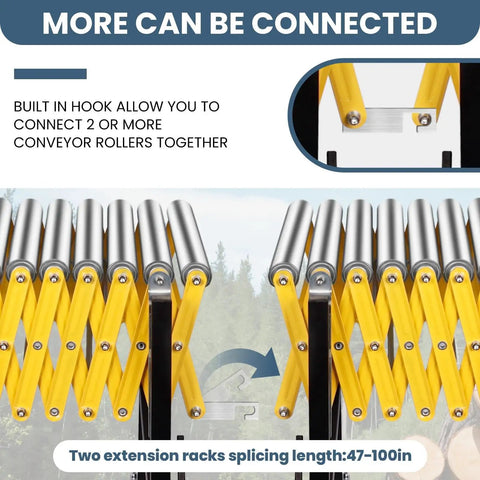 Industrial Grade Heavy Duty Expandable Conveyor Rollers Featuring 360 Degree Swivel Wheels And A Slick Twenty Inch Flexible Belt That Handles Factory Loads Without A Hitch connected at built-in hook.