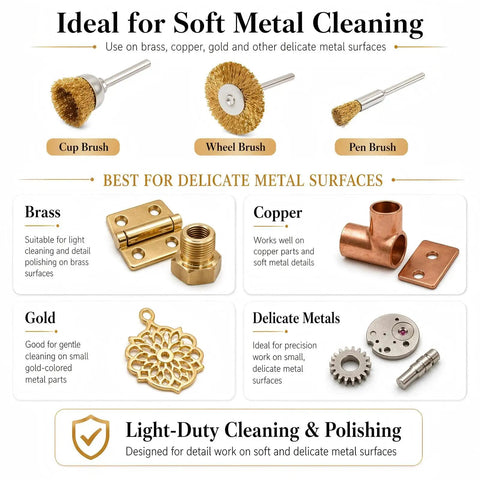 Top Shelf Brass Wire Brush Kit For Knocking Out Rust And Buffing To Perfection With Three Mm Shank That Clicks Straight Into Your Drill Or Rotary Tool 60 Piece Crate showing cup, wheel, and pen brushes for cleaning delicate metals.