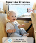 Smiling baby in car seat with Rechargeable Clip On Baby Stroller Fan With Five Speeds, LED Display, 360 Degree Pivot, 17 Hour Battery.
