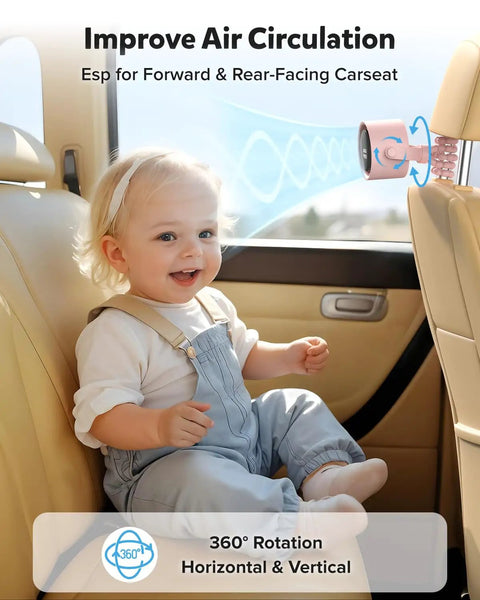 Smiling baby in car seat with Rechargeable Clip On Baby Stroller Fan With Five Speeds, LED Display, 360 Degree Pivot, 17 Hour Battery.