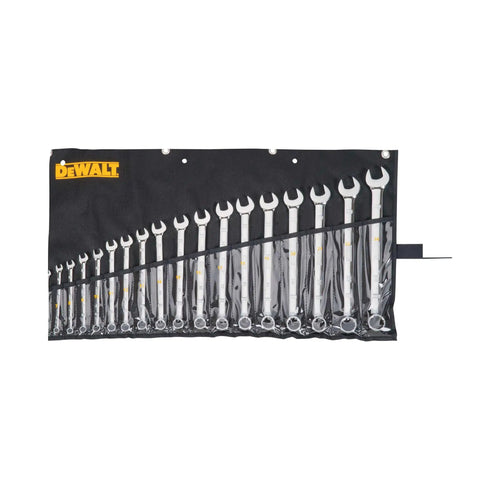 Heavy Duty Metric 18 Piece Wrench Set Built To Last With Full Polish Chrome in black roll-up case with hashmark grips visible
