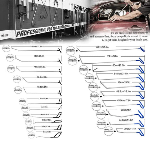 Professional Paintless Dent Repair Rods Tool Kit 21 Piece Stainless Steel Auto Body Dent Tools For Door Dings Hail Damage Removal And Dent Repair Durable Rust Resistant Pro Grade Quality For Techs And Do It Yourself with measurements and illustration of usage