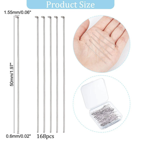 168 Count 304 Stainless Steel Flat Head Eye Pins 2 Inch Long 23 Gauge Jewelry Making Findings For DIY Necklaces Bracelets And Earrings Durable Beadwork Supplies For Crafting, 50mm size shown