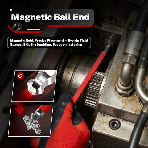 Using Magnetic Ball End Allen Wrench Set With Color Coded And Extra Long Arms in mechanical assembly, close-up view.