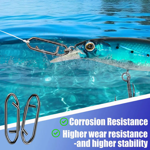 Heavy Duty Fishing Power Clips Hefty Pack Of Fifty Quick Release Split Rings And Snaps stainless steel clip in water with fish visible.