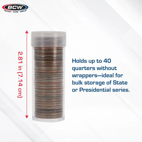 Coin Storage Tubes For 40 Quarters, Archival Quality Plastic Holders With Screw On Caps, 100 Pack shown with coins inside
